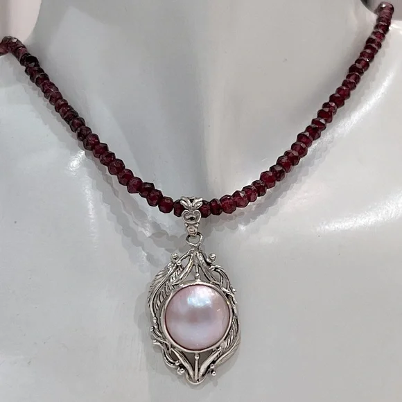 Mabe Pink Pearl Sterling Silver Openwork Leaf Pendant 20” Necklace - Picture 2 of 12